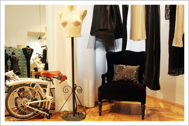 Parlor, fashion designer, showroom, Brompton, bicycle, armchair